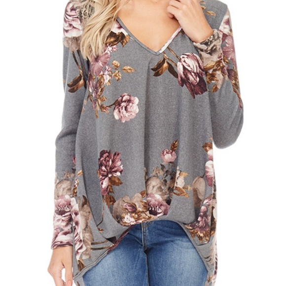 Long Sleeve Floral Print V Neck High Low Top - Picture 3 of 3